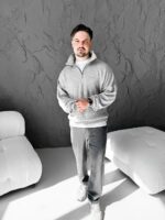 Мужской Серый Свитер Свободного Кроя - Вязаный с Зип Воротником на Змейке