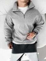 Мужской Серый Свитер Свободного Кроя - Вязаный с Зип Воротником на Змейке