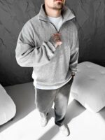 Мужской Серый Свитер Свободного Кроя - Вязаный с Зип Воротником на Змейке