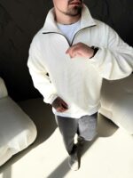 Мужской Белый Свитер Свободного Кроя - Вязаный с Зип Воротником на Змейке