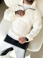 Мужской Белый Свитер Свободного Кроя - Вязаный с Зип Воротником на Змейке