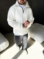 Мужской Белый Свитер Свободного Кроя - Вязаный с Зип Воротником на Змейке