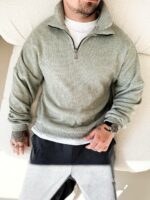 Мужской Мятный Свитер Свободного Кроя - Вязаный с Зип Воротником на Змейке
