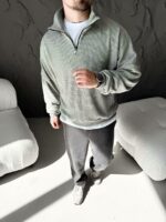 Мужской Мятный Свитер Свободного Кроя - Вязаный с Зип Воротником на Змейке