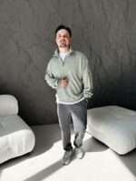 Мужской Мятный Свитер Свободного Кроя - Вязаный с Зип Воротником на Змейке