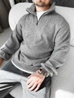 Мужской Темно-Серый Свитер Свободного Кроя - Вязаный с Зип Воротником на Змейке