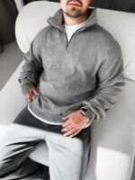 Мужской Темно-Серый Свитер Свободного Кроя - Вязаный с Зип Воротником на Змейке