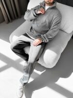 Мужской Темно-Серый Свитер Свободного Кроя - Вязаный с Зип Воротником на Змейке