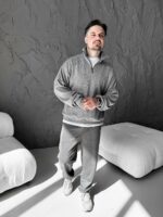 Мужской Темно-Серый Свитер Свободного Кроя - Вязаный с Зип Воротником на Змейке