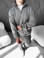 Мужской Темно-Серый Свитер Свободного Кроя - Вязаный с Зип Воротником на Змейке