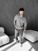 Мужской Темно-Серый Свитер Свободного Кроя - Вязаный с Зип Воротником на Змейке