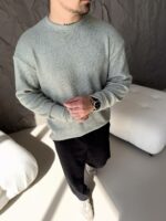 Мужской Вязаный Мятный Свитер - Свободный с Круглым Вырезом
