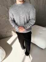Мужской Вязаный Темно-Серый Свитер - Свободный с Круглым Вырезом