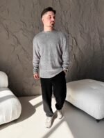 Мужской Вязаный Темно-Серый Свитер - Свободный с Круглым Вырезом