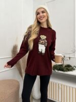 Женский Бордовый Свитер Свободного Кроя с Нашивкой Вышивкой Мишкой
