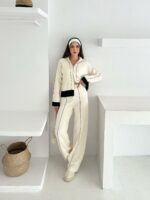 Женский Свободный Трикотажный Молочный Костюм с Кантом - Кофта на Молнии + Штаны Прямого Кроя