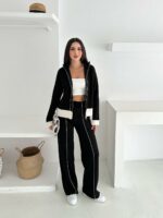 Женский Свободный Трикотажный Черный Костюм с Кантом - Кофта на Молнии + Штаны Прямого Кроя