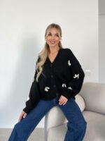 Женский Черный Кардиган Свободного Кроя с Белыми Бантиками
