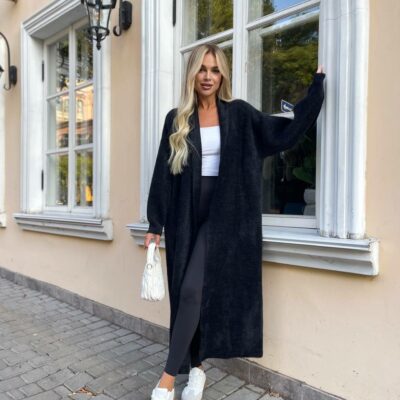 Женский Длинный Черный Кардиган - Мягкий Пушистый Свободного Кроя