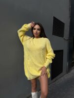 Женский Удлиненный Вязаный Желтый Свитер Оверсайз Рваный