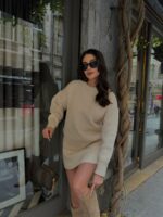 Женский Теплый Бежевый Костюм Двойка - Комплект Свитер Юбка