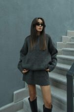 Женский Теплый Графитовый Костюм Двойка - Комплект Свитер Юбка