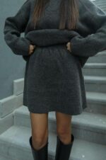 Женский Теплый Графитовый Костюм Двойка - Комплект Свитер Юбка