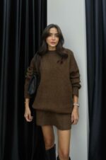 Женский Теплый Коричневый Костюм Двойка - Комплект Свитер Юбка