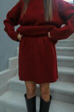 Женский Теплый Бордовый Костюм Двойка - Комплект Свитер Юбка