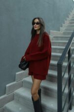 Женский Теплый Бордовый Костюм Двойка - Комплект Свитер Юбка