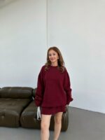 Женский Теплый Бордовый Костюм Двойка - Комплект Свитер Юбка