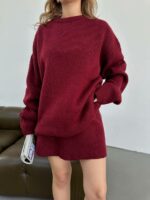 Женский Теплый Бордовый Костюм Двойка - Комплект Свитер Юбка