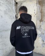 Мужское Черное Худи с Принтом на Спине и Рукавах - Теплое на Флисе Оверсайз