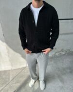 Мужской Классический Вязаный Черный Кардиган с Воротником