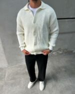 Мужской Классический Вязаный Молочный Кардиган с Воротником