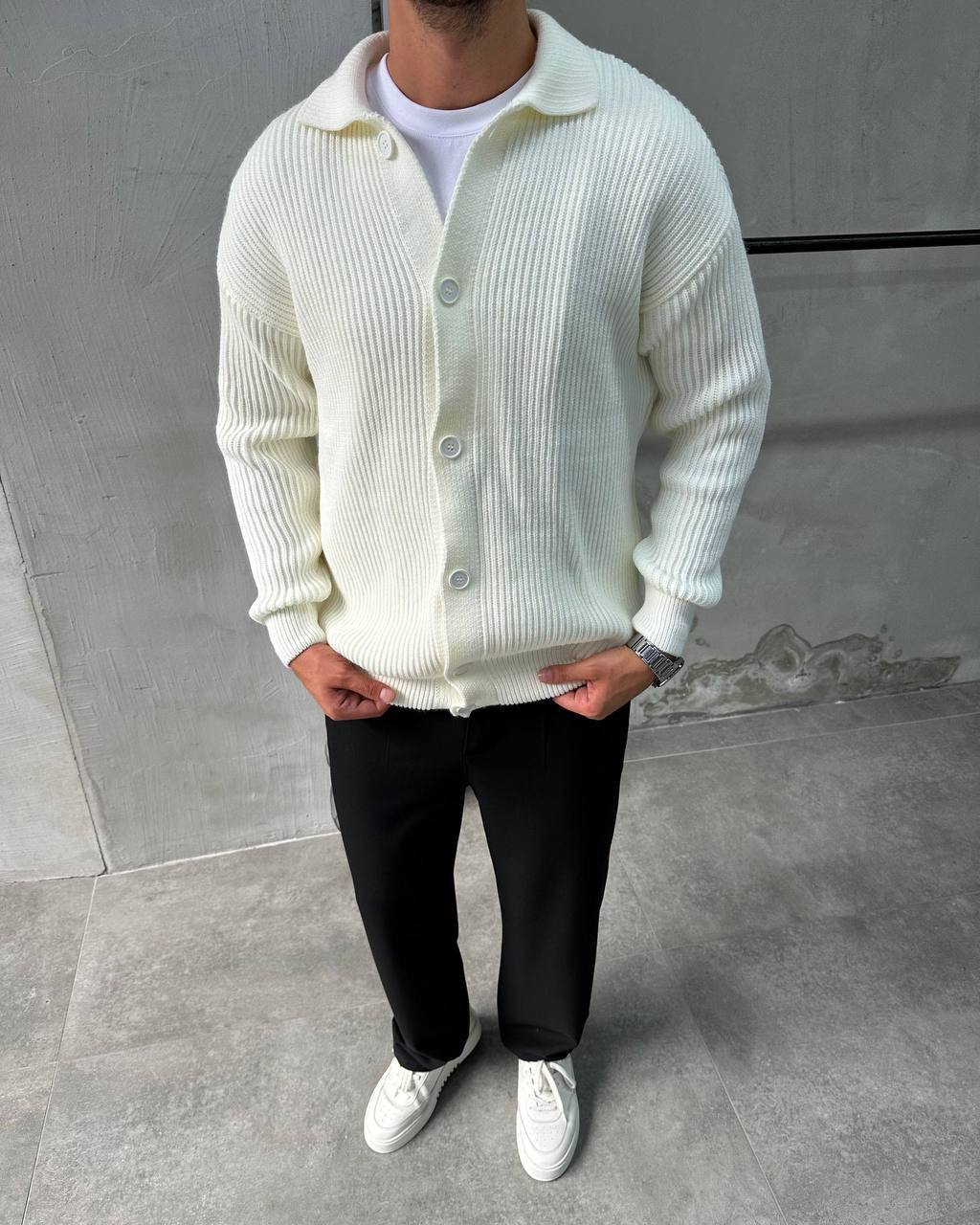 photo_2025-10-02_20-05-14 Мужской Классический Вязаный Молочный Кардиган с Воротником