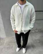 Мужской Классический Вязаный Молочный Кардиган с Воротником