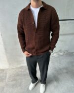 Мужской Классический Вязаный Коричневый Кардиган с Воротником