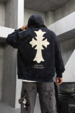 Мужское Черное Вареное Худи Оверсаз с Принтом Крестом на Спине