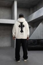 Мужское Черное Вареное Худи Оверсаз с Принтом Крестом на Спине