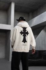 Мужское Черное Вареное Худи Оверсаз с Принтом Крестом на Спине