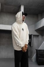 Мужское Черное Вареное Худи Оверсаз с Принтом Крестом на Спине