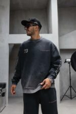 Мужской Графитовый Вареный Свитшот Оверсайз с Принтом на Спине и Рукавах