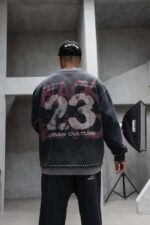 Мужской Графитовый Вареный Свитшот Оверсайз с Принтом на Спине и Рукавах