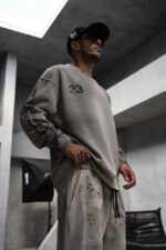 Мужской Серый Вареный Свитшот Оверсайз с Принтом на Спине и Рукавах