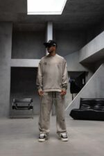 Мужской Серый Вареный Свитшот Оверсайз с Принтом на Спине и Рукавах