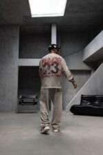 Мужской Серый Вареный Свитшот Оверсайз с Принтом на Спине и Рукавах