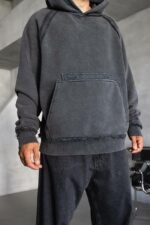 Мужское Графитовое Худи Оверсаз - Рваное с Поношенным Эффектом