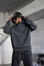 Мужское Графитовое Худи Оверсаз - Рваное с Поношенным Эффектом