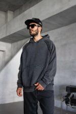 Мужское Графитовое Худи Оверсаз - Рваное с Поношенным Эффектом